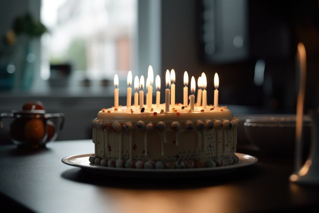 Lit Birthday Cake with Candles in Dark Kitchen - Download Free Stock Images Pikwizard.com