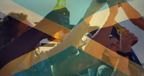 Friends Celebrating on Rooftop with Drinks and Sunglasses