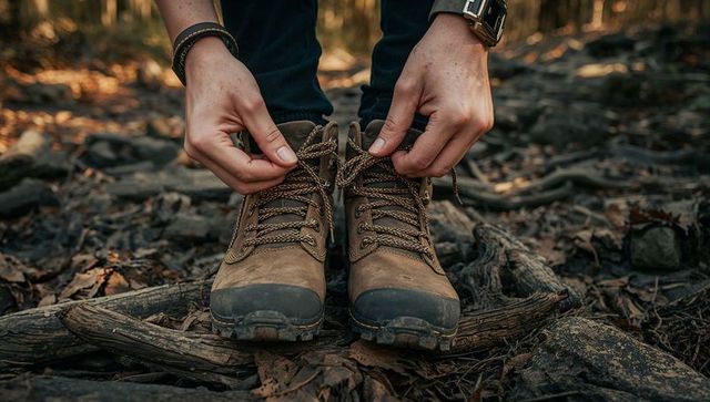 Hands tying rugged brown hiking boots on sunlit forest floor with wristwatch