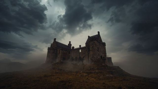 Dramatic medieval castle amidst stormy skies