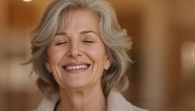 Serene senior woman smiling with eyes closed, tilting head back, wearing knit cardigan