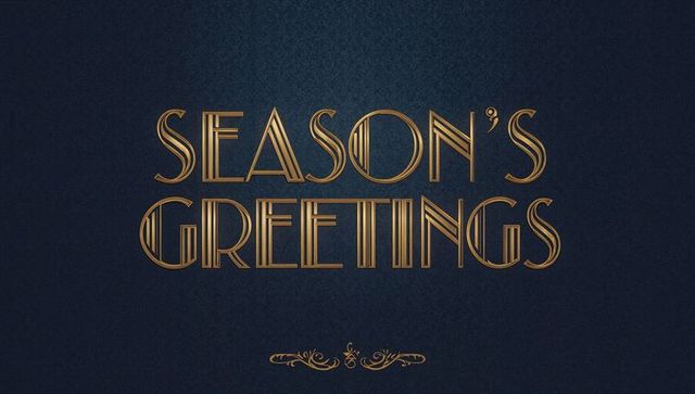 Gold art deco season's greetings on navy textured background with ornamental flourish
