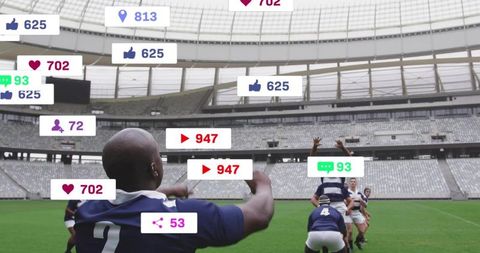 Rugby lineout showcasing social media overlays for live streaming and fan engagement