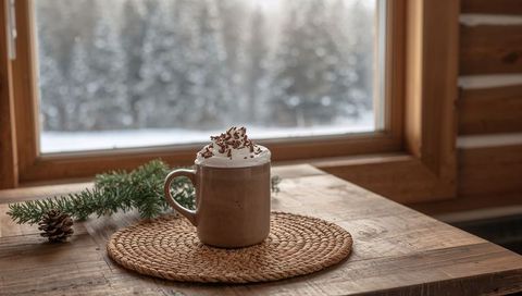 Brown ceramic mug topped with whipped cream resting on jute mat at snowy cabin window