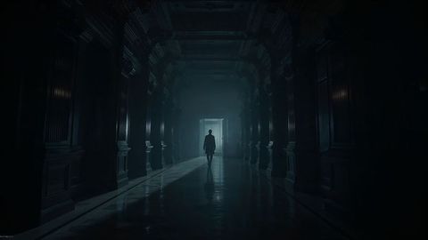 Silhouetted prosecutor figure walking through ancient corridor with gleaming doorway