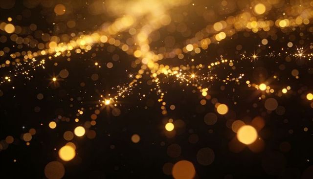 Glittering golden bokeh flow with sparkling light strands and soft amber glow background