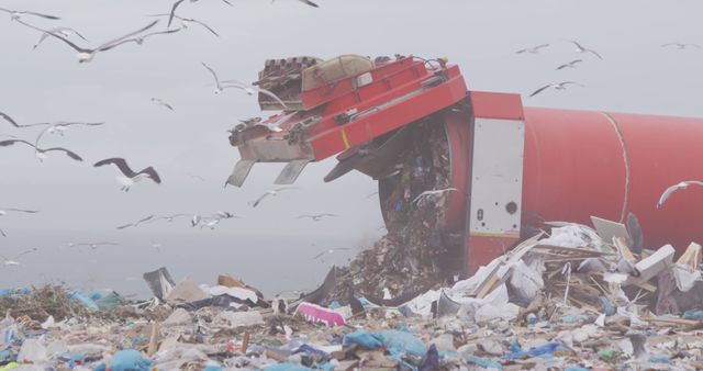 Red industrial garbage compactor reducing waste at a landfill. Seagulls flying around, indicating a polluted environment. Plastic and various debris are visible, emphasizing pollution and waste management issues. Useful for topics on environmental sustainability, waste management, pollution, and recycling.