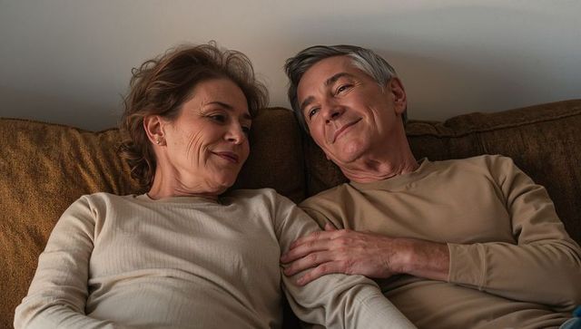Reclining senior couple sharing warm gaze on sofa, cozy intimate moment of tenderness