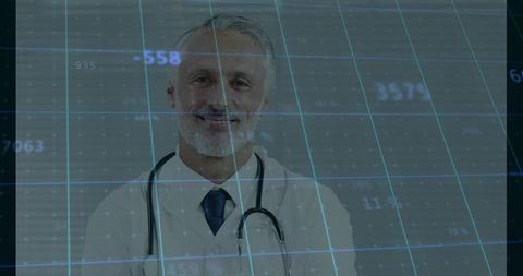 Mature Doctor with Medical Data Overlay: Healthcare Technology Concept