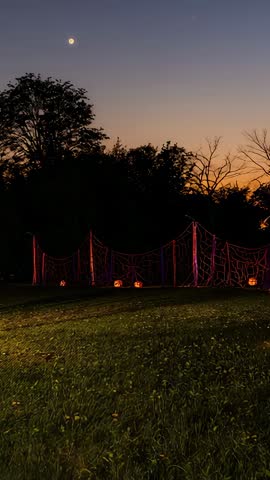 Dusk Revealing Glowing Jack-o'-Lanterns Beneath Purple Webbing Backyard Vertical Video