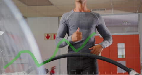 Focused Athlete Running on Treadmill with Data Overlay