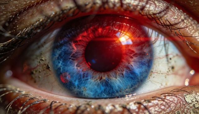 Macro blue iris with red light flare, intricate pupil detail and textured lashes surreal