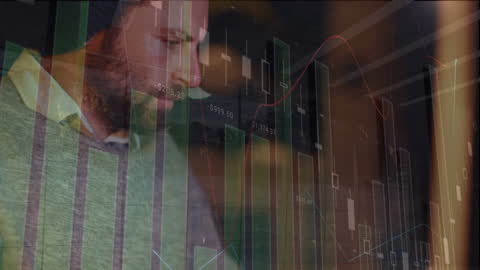 Man Analyzing Financial Data with Graphs and Numbers Overlay