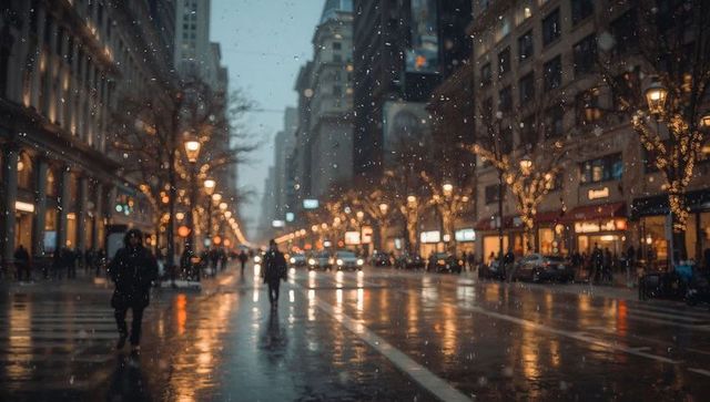 Walking solitary figure on wet downtown avenue at dusk with golden streetlight reflections