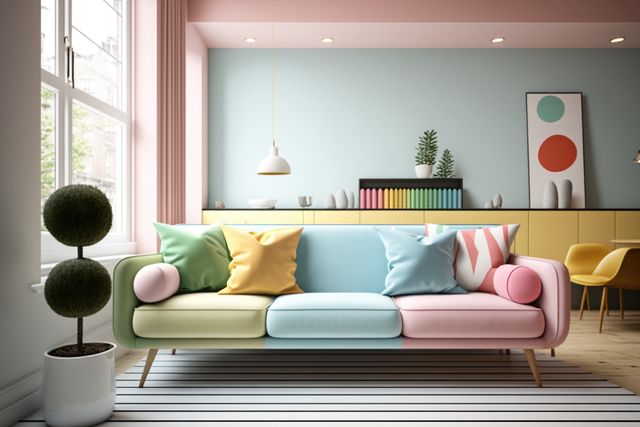 Multicoloured pastel retro sofa with cushions and painting, created using generative ai technology. Interior design, feminine, pastel colours vintage home decoration concept digitally generated image.