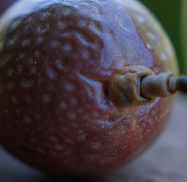 Close view of a ripe passion fruit with visible stem, highlighting its texture and ripeness. Suitable for use in articles or blogs about tropical fruits, organic produce, healthy eating, antioxidants, or fresh market imagery.