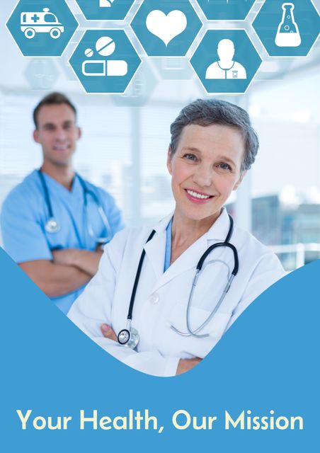 This image depicts smiling medical professionals, a male and a female doctor, posing confidently in a modern medical facility. The hexagonal icons above them represent various healthcare services and initiatives, reinforcing trust and professionalism. Suitable for healthcare advertisements, medical service promotions, clinic posters, and trust-building campaigns in the medical industry.