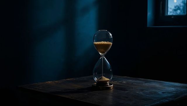 Hourglass with golden sand in dimly lit blue room by window