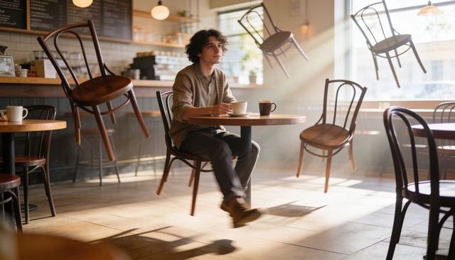 Young man sipping coffee in sunlit cafe with levitating chairs and dreamy warm ambience