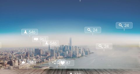 social media engagement icons over cityscape - Download Free Stock Images Pikwizard.com