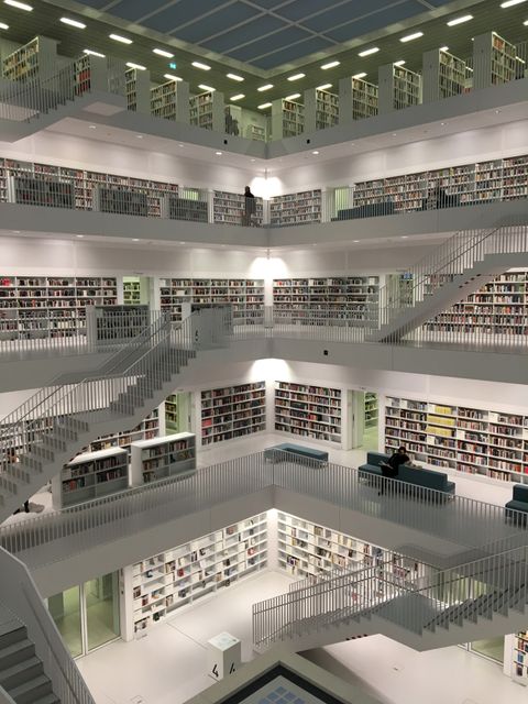 Modern library interior with multiple floors and extensive book collection. People reading and studying. Perfect for representing academic environments, research facilities, or educational spaces. Useful for articles on urban architecture, contemporary library designs, educational resource availability, or cultural landmarks.