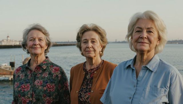 Three smiling senior women standing on harbor promenade overlooking calm sea at sunset