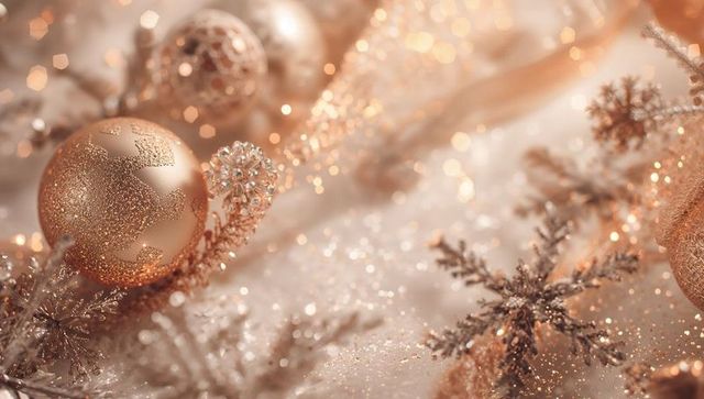 Champagne gold holiday ornaments with glitter bauble, snowflake and bokeh lights