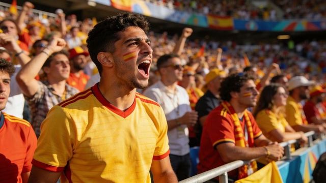 Shouting fan cheering in yellow-red jersey and face paint leaning on railing at stadium