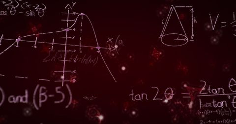 Mathematical formulas and graphs on red abstract background
