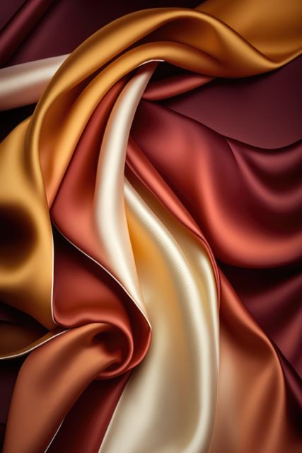 This image features a close-up of luxuriously draped multicolored silk fabric in rich tones of red, orange, and gold. The silk has a smooth, glossy texture that suggests opulence and elegance. This photo can be used for fashion, textiles, luxury product backgrounds, or interior design concepts, adding a touch of sophistication.