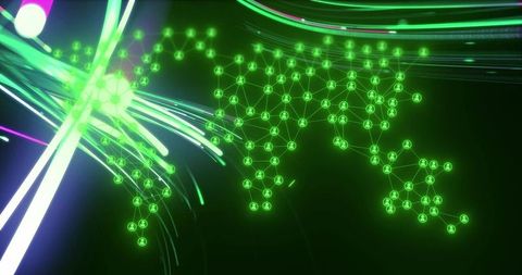 Neon green global network visualization with glowing nodes, data streams and fiber optic arcs