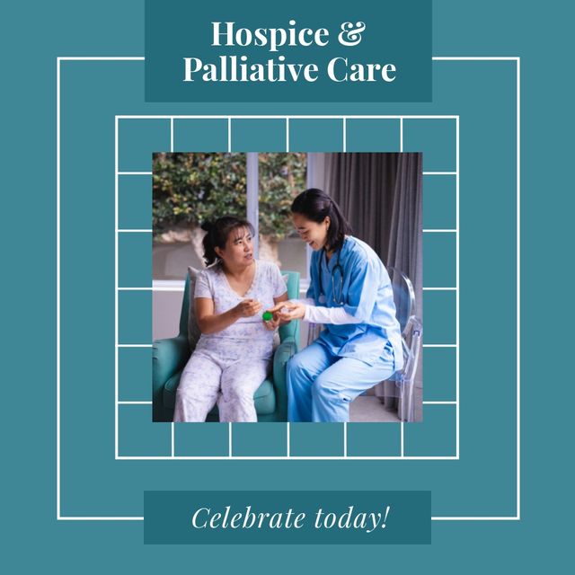 Asian nurse and mature woman talking with hospice and palliative care day text in frame. Digital composite, copy space, support, identifying goals of care, provide comfort, caring patient.
