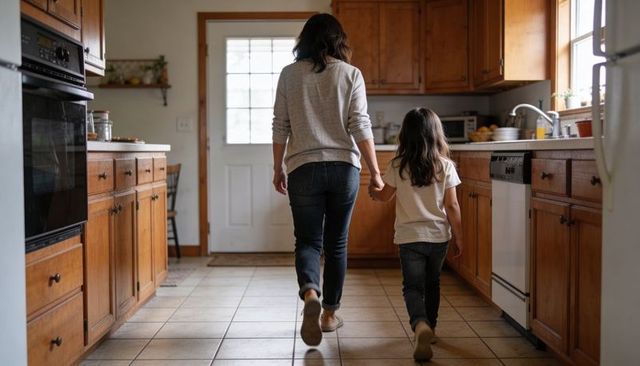 Mother and daughter walking hand-in-hand toward back door in sunlit cozy kitchen