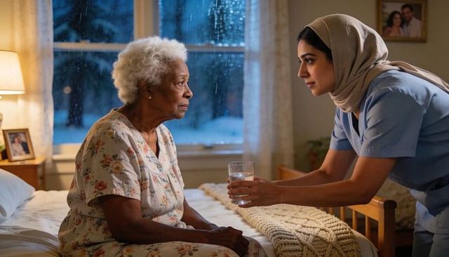 Caregiver in hijab offering glass of water to senior woman at bedside during rainy night