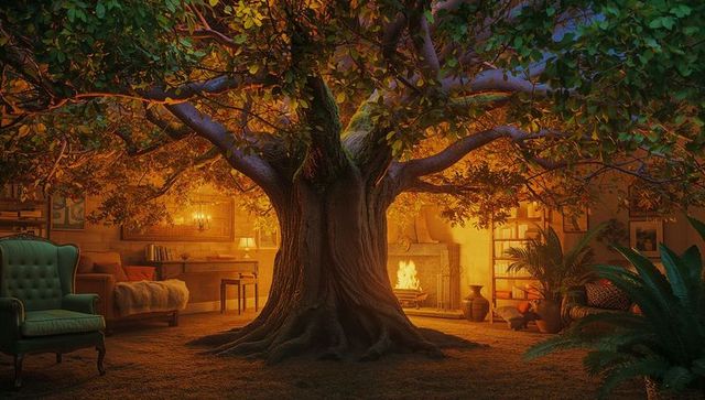 Large Tree Growing in Cozy Living Room with Fireplace