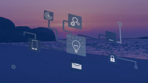 Digital Interface with Technology Icons Against Sunset Beach