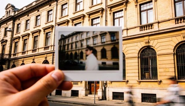 Hand holding polaroid over historic european facade with blurred portrait in warm light