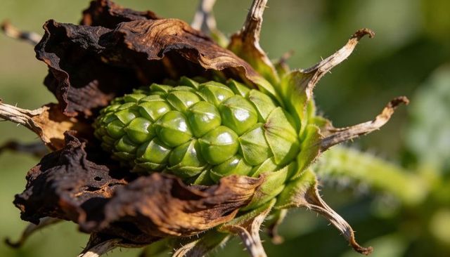 Glossy green seed cone nestling within dried brown bracts macro closeup with spiky stem