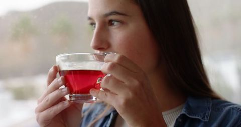 Woman relaxing with red tea gazing out window at home