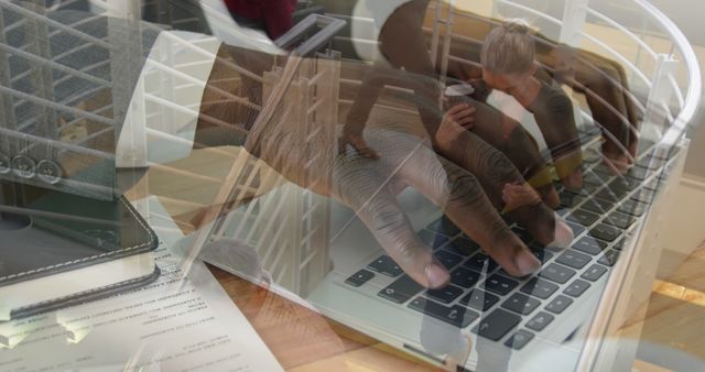 This blended image showcases a busy office environment with close up of hands typing on a laptop keyboard along with elements of social interaction among employees. Useful for websites, blogs, and marketing materials focusing on modern work environments, teamwork, corporate productivity, and integration of technology in business.