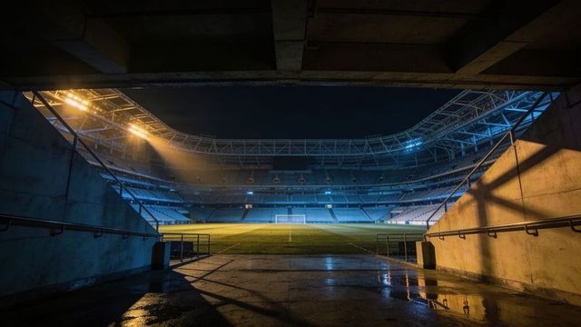 Tunnel view framing floodlit soccer goal on wet pitch at night in empty modern stadium