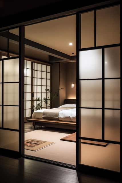 Opened glass tatami door to bedroom, created using generative ai technology. Interior design, japanese style and home decor concept digitally generated image.
