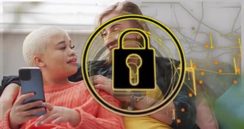 Digital Security Animation Over Cozy Couple Interacting on Smartphone
