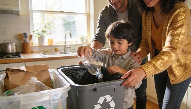 Parents teaching young child recycling plastic bottle in bright home kitchen