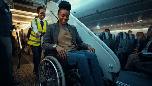 Smiling woman in wheelchair boarding airplane, crew member assisting passenger transfer