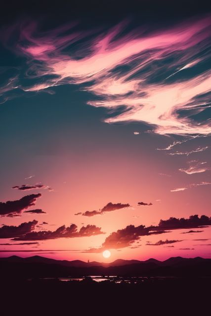 Vibrant sunset with dramatic clouds and silhouettes of mountains provide a stunning evening scenery. Ideal for use in travel and nature publications, motivational backgrounds, website banners, or as wall art to evoke serenity and beauty.