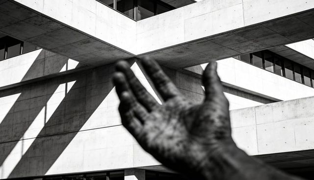 Blurred Hand Reaching Toward Brutalist Concrete Building with Dramatic Shadow Geometry