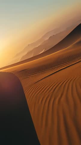 Gliding vertical video following desert dune crest at golden hour, revealing rippled sand textures