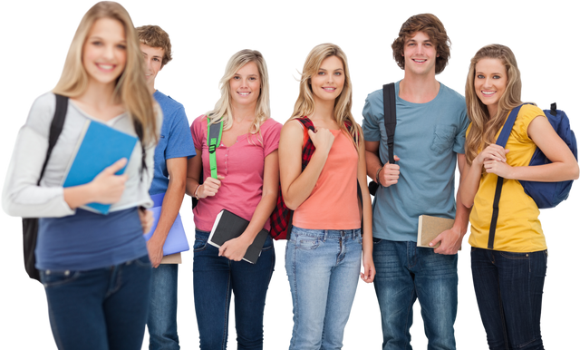 Transparent Background Group of Smiling College Friends with Backpacks and Books Standing Together - Download Free Stock Videos Pikwizard.com