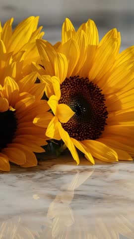 Sunflowers on Marble Countertop Vertical Video Showing Soft Window Light and Reflection
